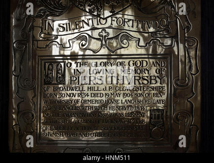 Brass memorial plaque in St. Paul`s Church, Broadwell, near Moreton-in-Marsh, Gloucestershire, England, UK Stock Photo